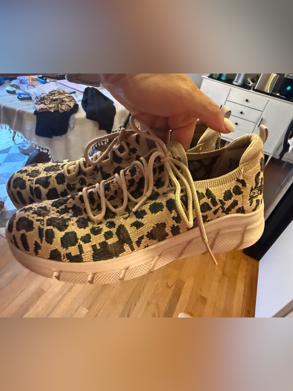 Skechers Beige and Black Leopard Knit Slip-On Sneakers